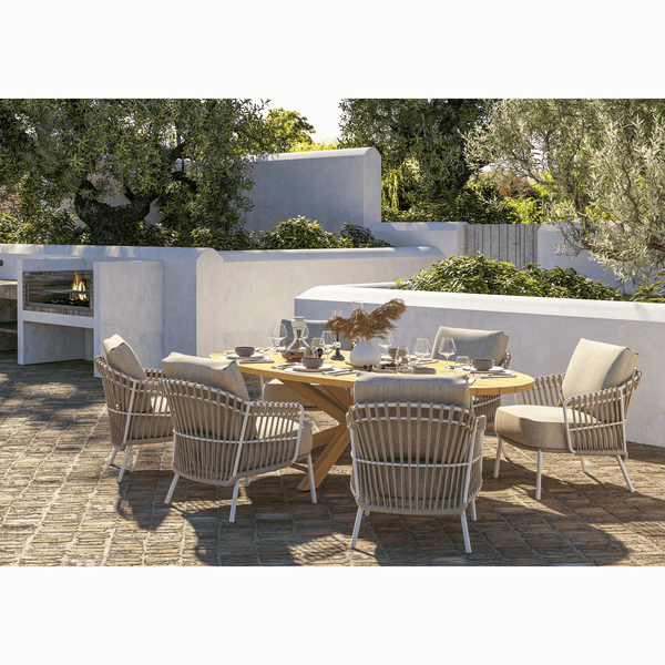 4SO Dalias Outdoor Low Dining Set with Prado Ellipse Teak Table 240 x 115 cm.